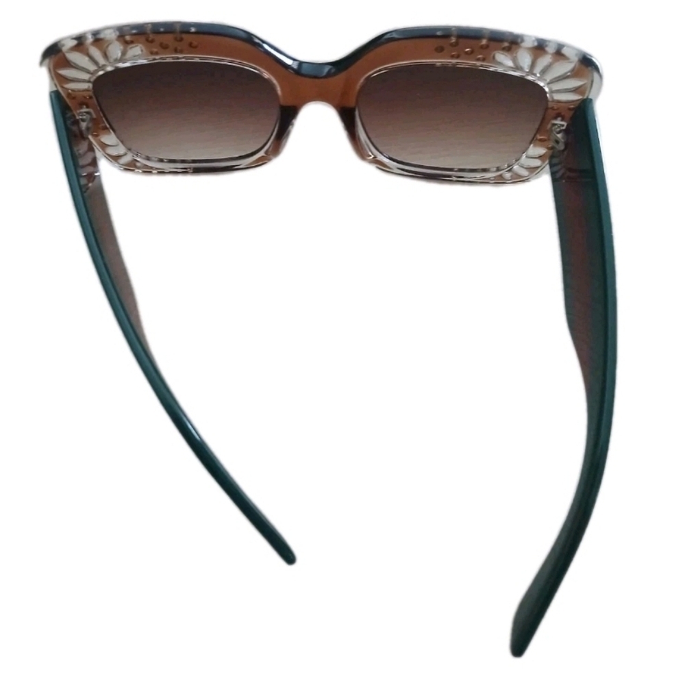 Womens Rectangular Foliage Jewel Trim Thick Plastic Sunglasses Green & Red - Picture 3 of 6